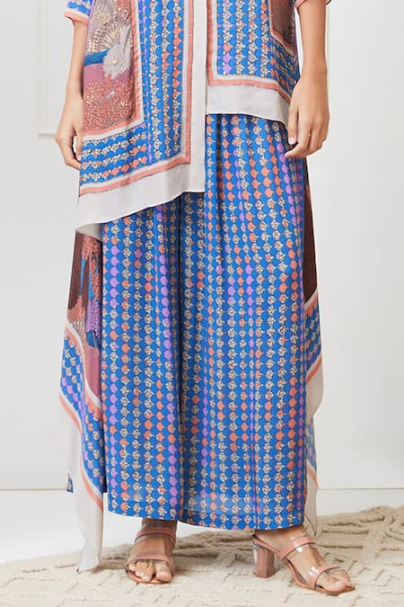 Shop_Soup By Sougat Paul_Multi Color Crepe Collared Benazir Printed High-low Shirt And Pant Set _Online_at_Aza_Fashions