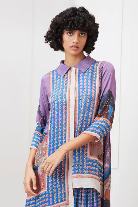 Soup By Sougat Paul_Multi Color Crepe Collared Benazir Printed High-low Shirt And Pant Set _at_Aza_Fashions
