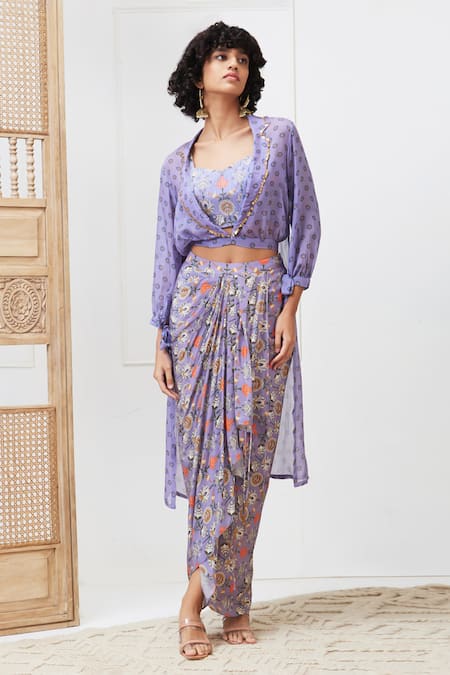 Soup By Sougat Paul Purple Crepe, Organza Sequins, Embroidery Tabriz Printed Jacket Skirt Set Online at Aza Fashions Soup By Sougat Paul_Purple Crepe, Organza Sequins, Embroidery Tabriz Printed Jacket Skirt Set _Online_at_Aza_Fashions