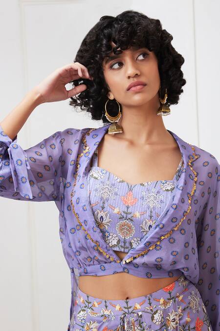Soup By Sougat Paul Purple Crepe, Organza Sequins, Embroidery Tabriz Printed Jacket Skirt Set at Aza Fashions Soup By Sougat Paul_Purple Crepe, Organza Sequins, Embroidery Tabriz Printed Jacket Skirt Set _at_Aza_Fashions
