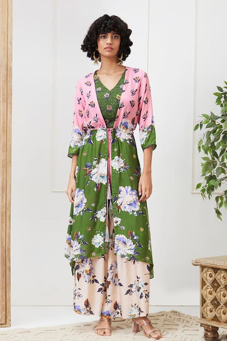 Soup By Sougat Paul Multi Color Cotton, Silk Embroidery, Sequins Tasnim Printed Jacket Sharara Set