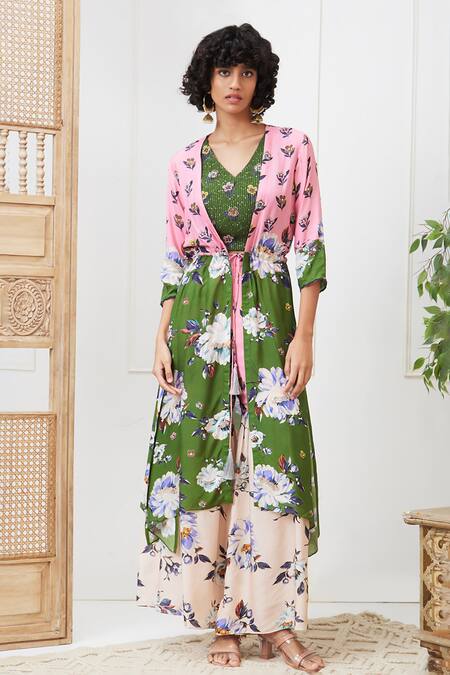 Soup By Sougat Paul_Multi Color Cotton, Silk Embroidery, Sequins Tasnim Printed Jacket Sharara Set _Online_at_Aza_Fashions