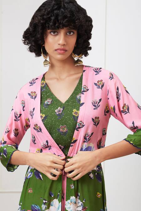 Soup By Sougat Paul_Multi Color Cotton, Silk Embroidery, Sequins Tasnim Printed Jacket Sharara Set _at_Aza_Fashions