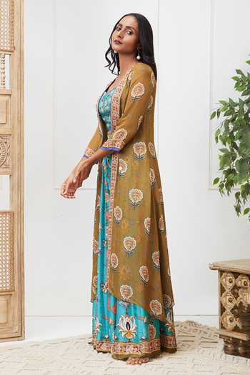 Soup By Sougat Paul Green Silk, Organza Sequins, Embroidery Tabriz Printed Jacket Palazzo Set Online at Aza Fashions Soup By Sougat Paul_Green Silk, Organza Sequins, Embroidery Tabriz Printed Jacket Palazzo Set _Online_at_Aza_Fashions