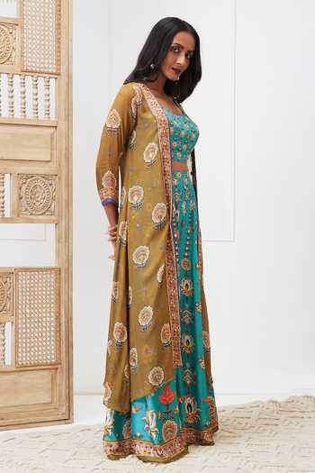 Shop Soup By Sougat Paul Green Silk, Organza Sequins, Embroidery Tabriz Printed Jacket Palazzo Set Online at Aza Fashions Shop_Soup By Sougat Paul_Green Silk, Organza Sequins, Embroidery Tabriz Printed Jacket Palazzo Set _Online_at_Aza_Fashions