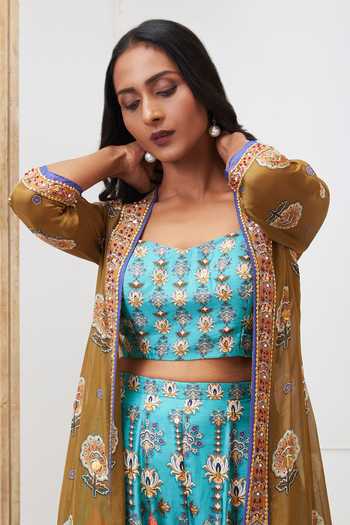 Soup By Sougat Paul Green Silk, Organza Sequins, Embroidery Tabriz Printed Jacket Palazzo Set at Aza Fashions Soup By Sougat Paul_Green Silk, Organza Sequins, Embroidery Tabriz Printed Jacket Palazzo Set _at_Aza_Fashions