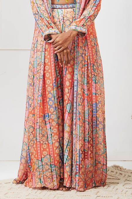 Soup By Sougat Paul_Multi Color Crepe, Chiffon Benazir Floral Pattern Jacket And Palazzo Set _Online_at_Aza_Fashions