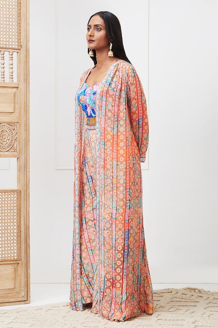 Buy_Soup By Sougat Paul_Multi Color Crepe, Chiffon Benazir Floral Pattern Jacket And Palazzo Set _Online_at_Aza_Fashions