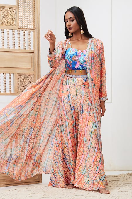 Shop_Soup By Sougat Paul_Multi Color Crepe, Chiffon Benazir Floral Pattern Jacket And Palazzo Set _Online_at_Aza_Fashions