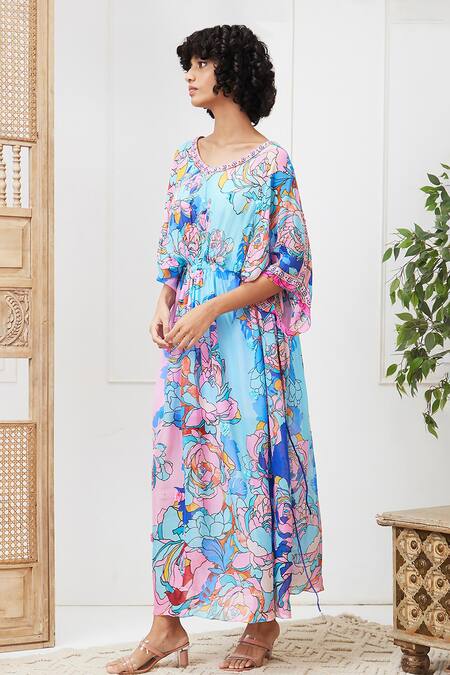 Soup By Sougat Paul_Blue Chiffon, Crepe Tassels Round Neck Zaynab Floral Pattern Maxi Dress _Online_at_Aza_Fashions