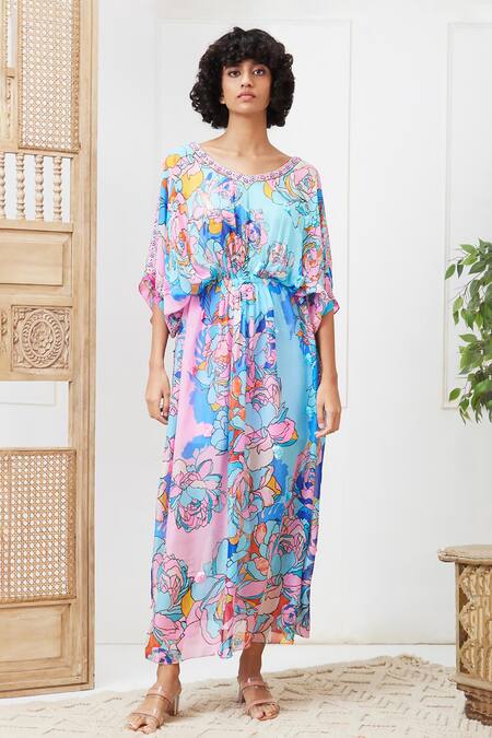 Buy_Soup By Sougat Paul_Blue Chiffon, Crepe Tassels Round Neck Zaynab Floral Pattern Maxi Dress _Online_at_Aza_Fashions