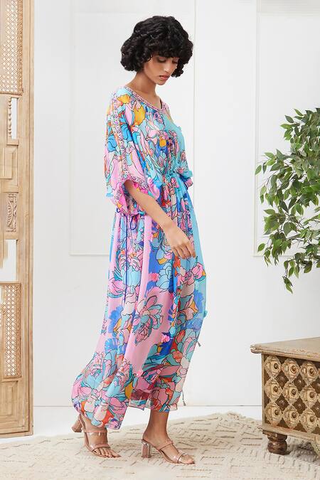 Shop_Soup By Sougat Paul_Blue Chiffon, Crepe Tassels Round Neck Zaynab Floral Pattern Maxi Dress _Online_at_Aza_Fashions