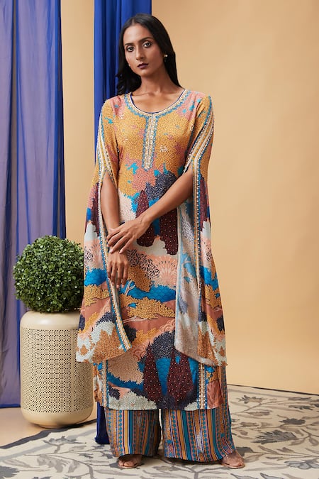 Buy_Soup By Sougat Paul_Multi Color Crepe Embroidery Round Neck Benazir Floral Pattern Kurta And Pant Set _Online_at_Aza_Fashions