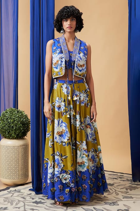 Soup By Sougat Paul Blue Silk Embroidery V-neck Tasnim Floral Pattern Jacket And Lehenga Set Online at Aza Fashions Soup By Sougat Paul_Blue Silk Embroidery V-neck Tasnim Floral Pattern Jacket And Lehenga Set _Online_at_Aza_Fashions