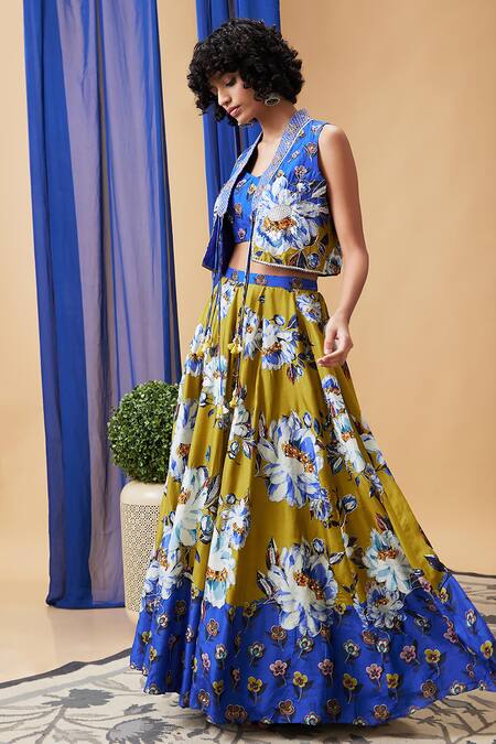 Shop Soup By Sougat Paul Blue Silk Embroidery V-neck Tasnim Floral Pattern Jacket And Lehenga Set Online at Aza Fashions Shop_Soup By Sougat Paul_Blue Silk Embroidery V-neck Tasnim Floral Pattern Jacket And Lehenga Set _Online_at_Aza_Fashions