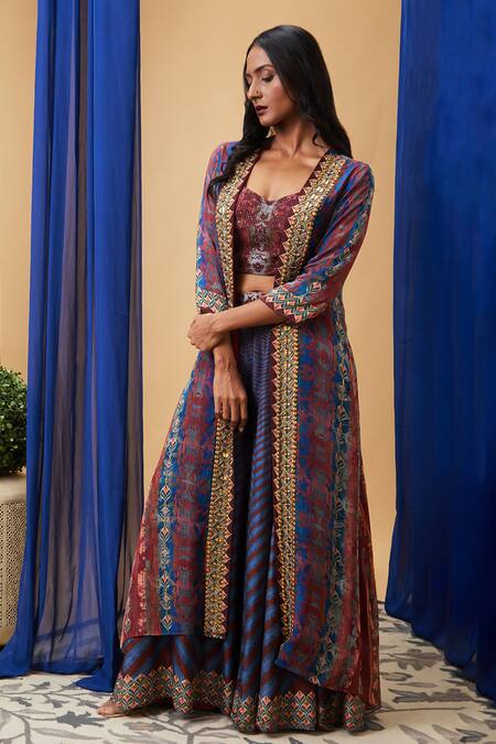 Buy Soup By Sougat Paul Maroon Chiffon Embroidery Round , Sweetheart Floral Jacket And Skirt Set Online at Aza Fashions Buy_Soup By Sougat Paul_Maroon Chiffon Embroidery Round , Sweetheart Floral Jacket And Skirt Set _Online_at_Aza_Fashions