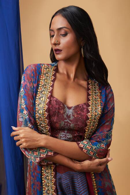 Shop Soup By Sougat Paul Maroon Chiffon Embroidery Round , Sweetheart Floral Jacket And Skirt Set Online at Aza Fashions Shop_Soup By Sougat Paul_Maroon Chiffon Embroidery Round , Sweetheart Floral Jacket And Skirt Set _Online_at_Aza_Fashions