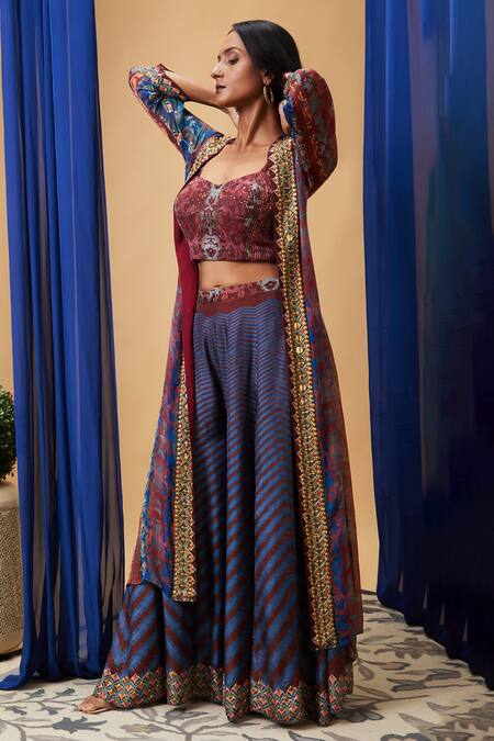 Soup By Sougat Paul Maroon Chiffon Embroidery Round , Sweetheart Floral Jacket And Skirt Set at Aza Fashions Soup By Sougat Paul_Maroon Chiffon Embroidery Round , Sweetheart Floral Jacket And Skirt Set _at_Aza_Fashions