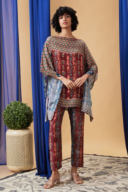 Shop Soup By Sougat Paul Maroon Crepe, Silk Sequins Round Neck Adah Embroidered Co-ord Set Online at Aza Fashions Shop_Soup By Sougat Paul_Maroon Crepe, Silk Sequins Round Neck Adah Embroidered Co-ord Set _Online_at_Aza_Fashions