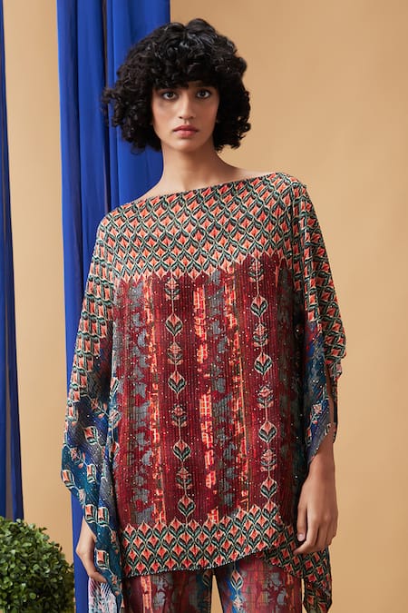 Soup By Sougat Paul Maroon Crepe, Silk Sequins Round Neck Adah Embroidered Co-ord Set at Aza Fashions Soup By Sougat Paul_Maroon Crepe, Silk Sequins Round Neck Adah Embroidered Co-ord Set _at_Aza_Fashions