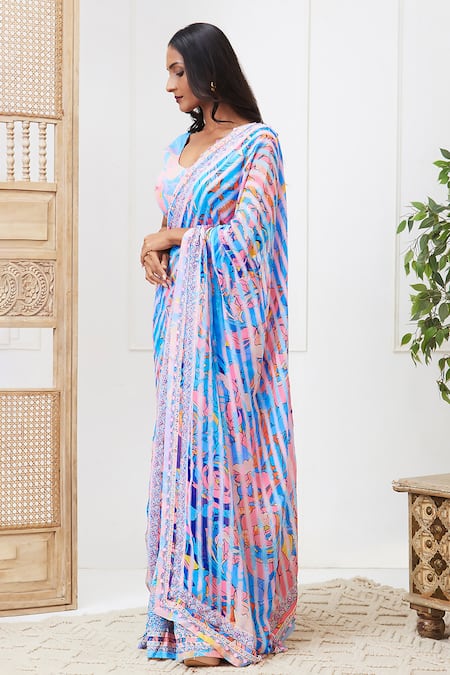 Soup By Sougat Paul_Blue Chiffon Sequins Round Neck Zaynab Pre-draped Saree With Blouse _Online_at_Aza_Fashions