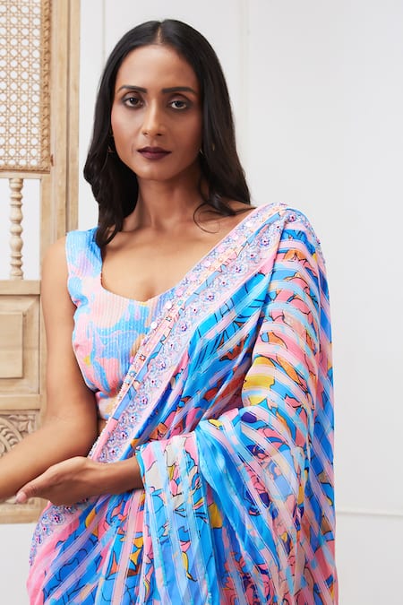 Shop_Soup By Sougat Paul_Blue Chiffon Sequins Round Neck Zaynab Pre-draped Saree With Blouse _Online_at_Aza_Fashions
