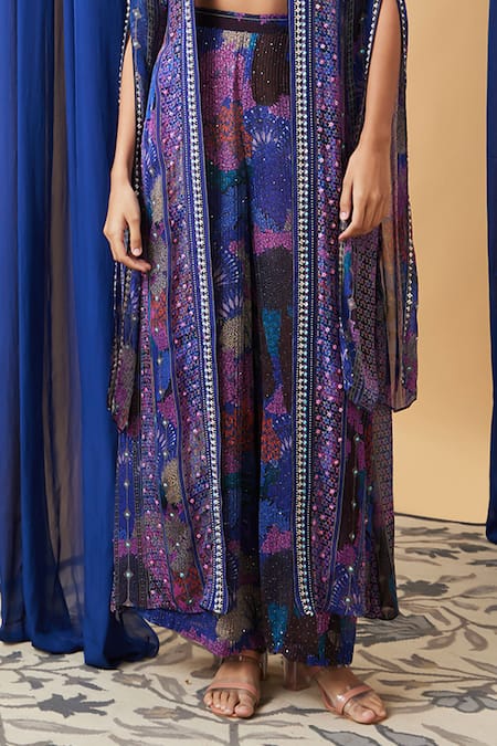 Soup By Sougat Paul_Blue Chiffon, Polyester Sequins, Embroidery Zaynab Jacket And Palazzo Set _Online_at_Aza_Fashions