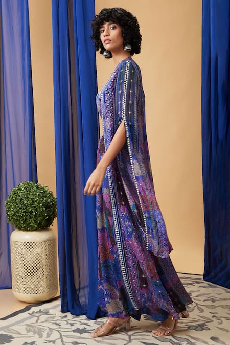 Buy_Soup By Sougat Paul_Blue Chiffon, Polyester Sequins, Embroidery Zaynab Jacket And Palazzo Set _Online_at_Aza_Fashions