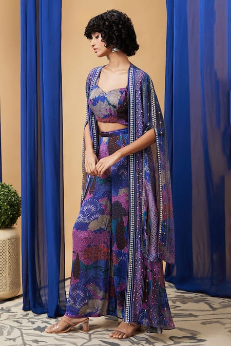 Shop_Soup By Sougat Paul_Blue Chiffon, Polyester Sequins, Embroidery Zaynab Jacket And Palazzo Set _Online_at_Aza_Fashions