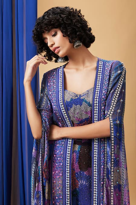 Soup By Sougat Paul_Blue Chiffon, Polyester Sequins, Embroidery Zaynab Jacket And Palazzo Set _at_Aza_Fashions