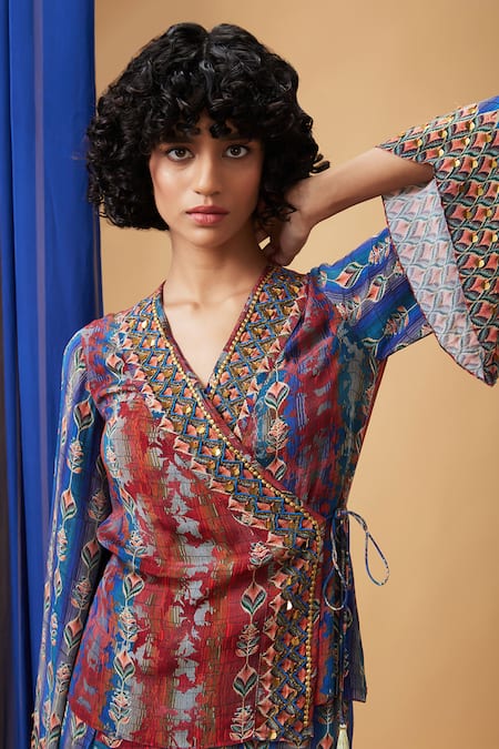 Buy_Soup By Sougat Paul_Maroon Crepe Embroidery V-neck Adah Angarkha And Pant Set _Online_at_Aza_Fashions