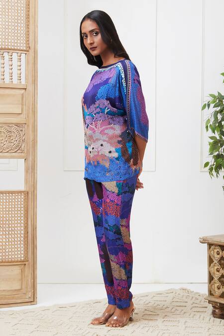Buy_Soup By Sougat Paul_Blue Chiffon, Silk Sequins Round Neck Benazir Embroidered Co-ord Set _Online_at_Aza_Fashions