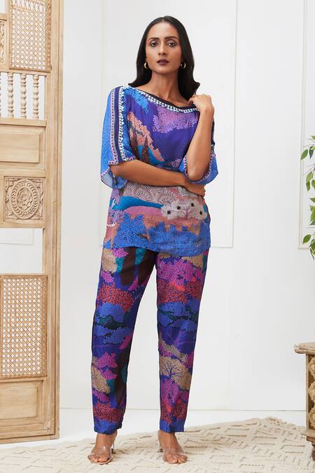 Shop_Soup By Sougat Paul_Blue Chiffon, Silk Sequins Round Neck Benazir Embroidered Co-ord Set _Online_at_Aza_Fashions