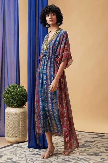 Soup By Sougat Paul_Blue Chiffon, Crepe Embroidery V-neck Adah Dress _Online_at_Aza_Fashions