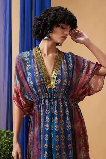 Buy_Soup By Sougat Paul_Blue Chiffon, Crepe Embroidery V-neck Adah Dress _Online_at_Aza_Fashions