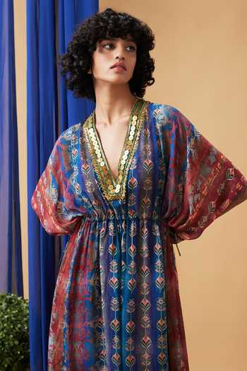 Shop_Soup By Sougat Paul_Blue Chiffon, Crepe Embroidery V-neck Adah Dress _Online_at_Aza_Fashions