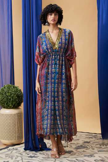 Soup By Sougat Paul_Blue Chiffon, Crepe Embroidery V-neck Adah Dress _at_Aza_Fashions