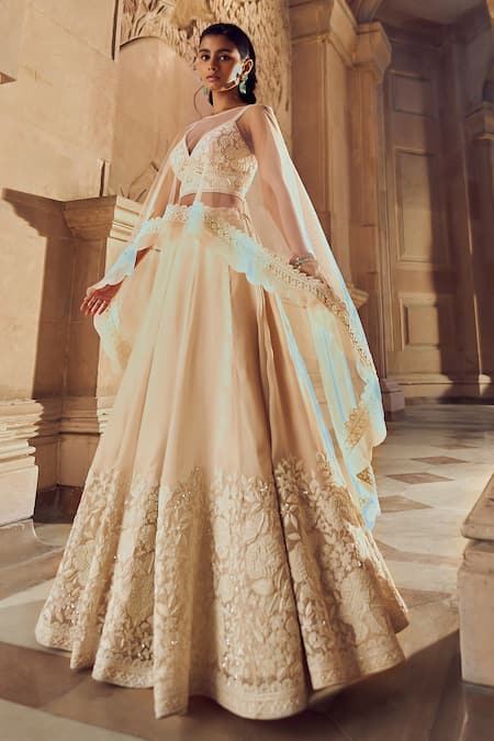 Shop_Pankaj & Nidhi_Pink Tulle, Silk Organza Embroidery, Mir Hand Embellished Lehenga Cape Set _Online_at_Aza_Fashions