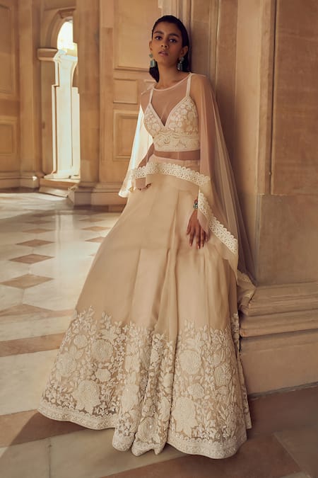 Pankaj & Nidhi_Pink Tulle, Silk Organza Embroidery, Mir Hand Embellished Lehenga Cape Set _at_Aza_Fashions