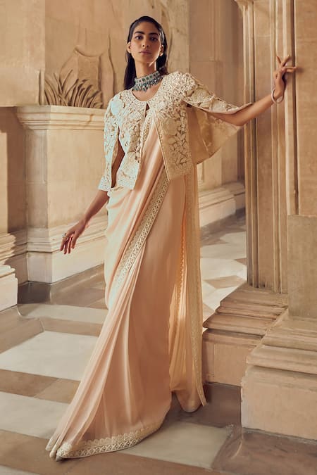 Pankaj & Nidhi Mir Silk Chiffon Saree Embellished Cape Set 