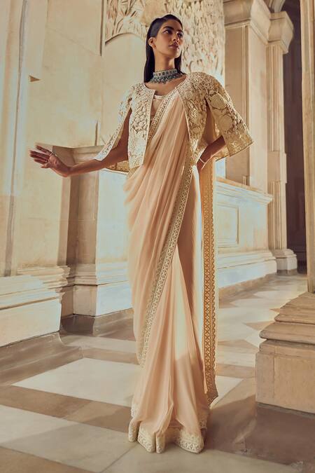 Buy Pankaj & Nidhi Pink Silk, Chiffon Sequins, Crystals Round Neck Mir Saree Embellished Cape Set Online at Aza Fashions Buy_Pankaj & Nidhi_Pink Silk, Chiffon Sequins, Crystals Round Neck Mir Saree Embellished Cape Set _Online_at_Aza_Fashions