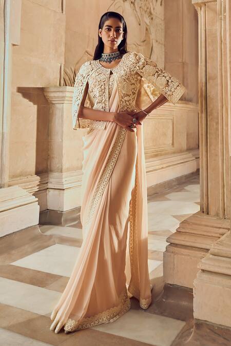 Shop Pankaj & Nidhi Pink Silk, Chiffon Sequins, Crystals Round Neck Mir Saree Embellished Cape Set Online at Aza Fashions Shop_Pankaj & Nidhi_Pink Silk, Chiffon Sequins, Crystals Round Neck Mir Saree Embellished Cape Set _Online_at_Aza_Fashions