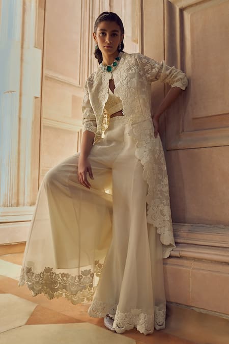 Pankaj & Nidhi Ivory Miva Hand Embellished Jacket Sharara Set 