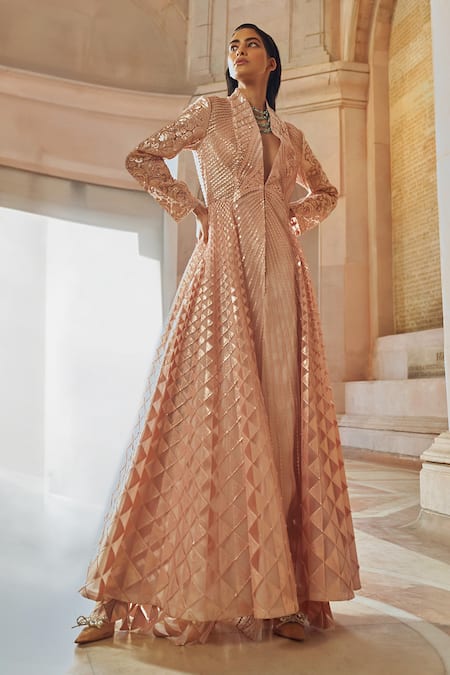 Pankaj & Nidhi Pink Tulle Solarium Hand Embellished Kalidar Jacket With Sharara 