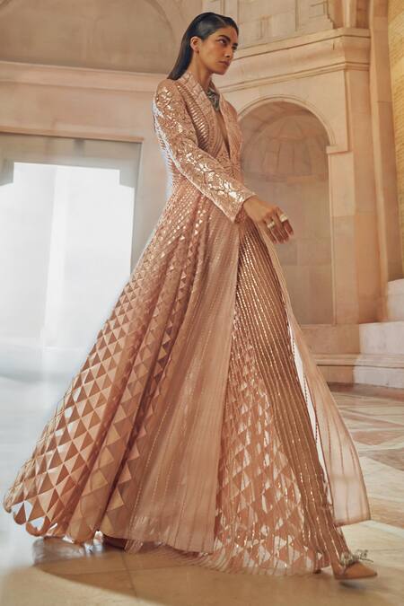 Buy_Pankaj & Nidhi_Pink Tulle, Silk Organza Solarium Hand Embellished Kalidar Jacket With Sharara _Online_at_Aza_Fashions