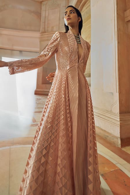 Shop_Pankaj & Nidhi_Pink Tulle, Silk Organza Solarium Hand Embellished Kalidar Jacket With Sharara _Online_at_Aza_Fashions