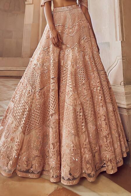 Buy_Pankaj & Nidhi_Pink Tulle, Silk Organza Sequins, Solarium Hand Embellished Lehenga With Blouse _Online_at_Aza_Fashions