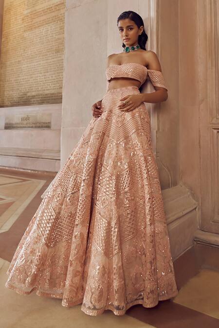 Shop_Pankaj & Nidhi_Pink Tulle, Silk Organza Sequins, Solarium Hand Embellished Lehenga With Blouse _Online_at_Aza_Fashions