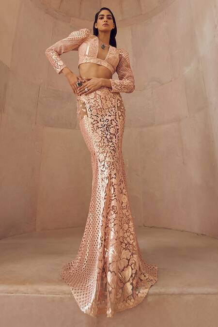 Shop Pankaj & Nidhi Pink Tulle, Silk Organza Sequins, Solarium Hand Embellished Blouse With Skirt Online at Aza Fashions Shop_Pankaj & Nidhi_Pink Tulle, Silk Organza Sequins, Solarium Hand Embellished Blouse With Skirt _Online_at_Aza_Fashions