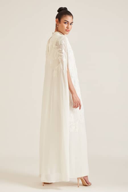 Pankaj & Nidhi_Ivory Silk Georgette Vera Hand Embellished Cape _Online_at_Aza_Fashions
